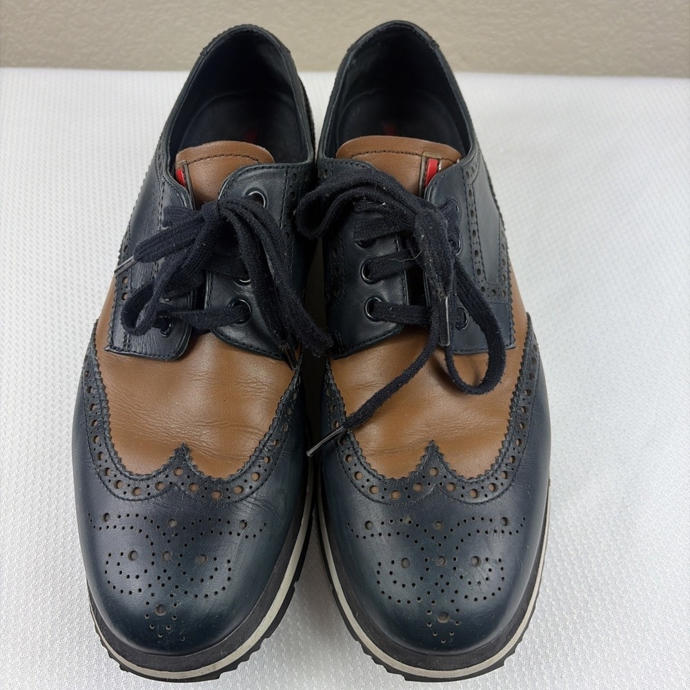 Prada Vit Montana derby calf leather platform sports Wing-Tip Brown Navy US 7.5
